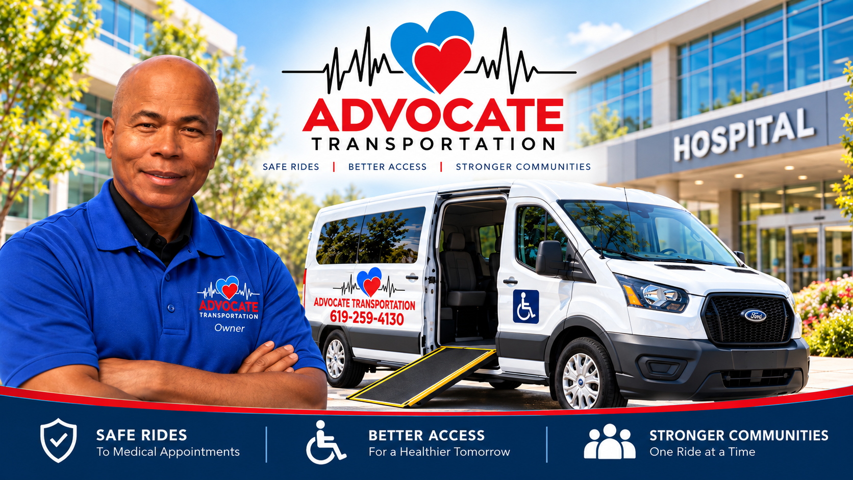 Advocate Transport Services medical transport van outside a hospital