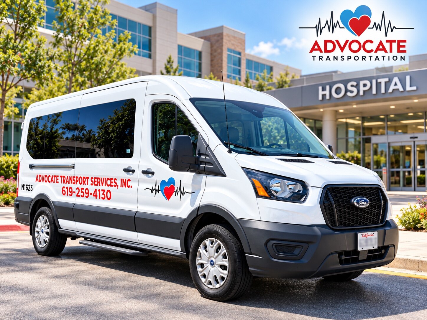 Advocate transport van outside a hospital