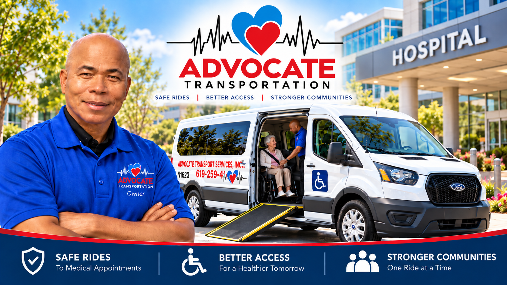 Advocate Transportation accessible van with a passenger and driver outside a hospital